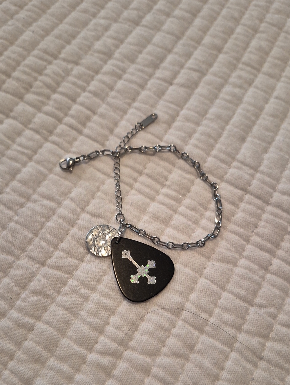 Stainless Steel Bracelet with Black Guitar Pick and Iridescent Cross